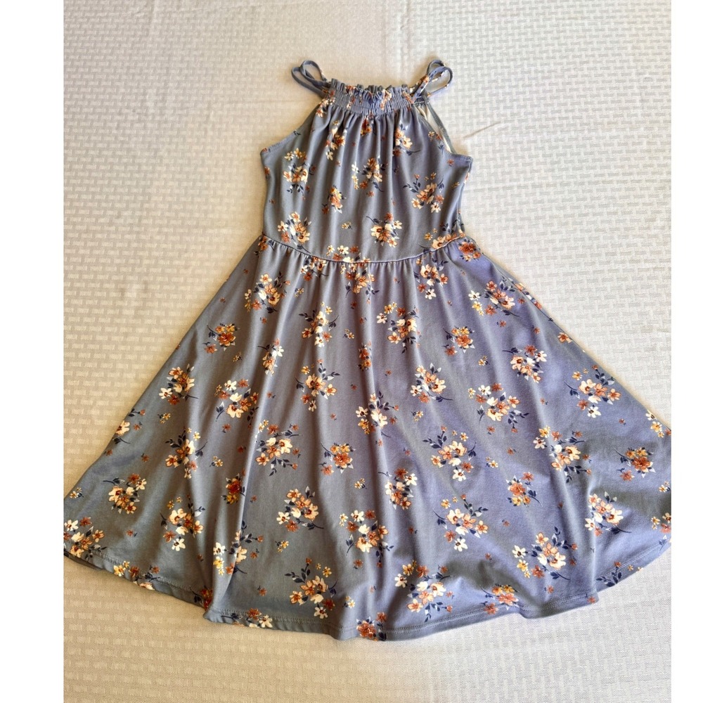 Walking On Sunshine Girls Blue Floral Halter Dress Size M Boho Cottagecore‎